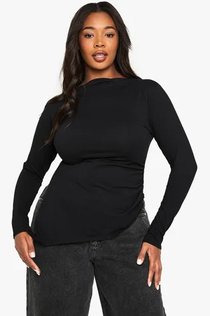 Boohoo Womens Plus Cotton Ruched Side Asymmetric Hem Long Sleeve Top