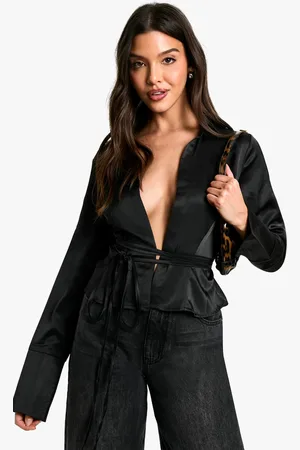 Boohoo Womens Collared Deep Cuff Tie Shirt