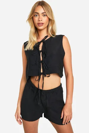Boohoo Womens Linen Look Tie Front Sleeveless Blouse & Flippy Shorts