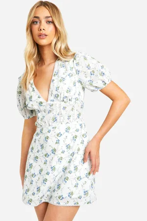 Boohoo Womens Cotton Dobby Floral Smock Dress