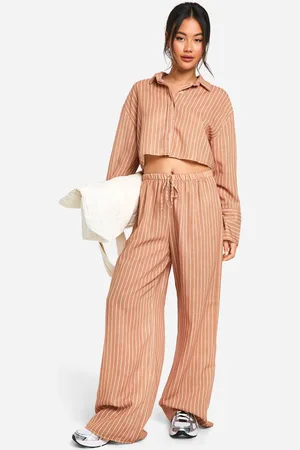 Boohoo Womens Linen Look Stripe Cropped Shirt & Wide Leg Trousers