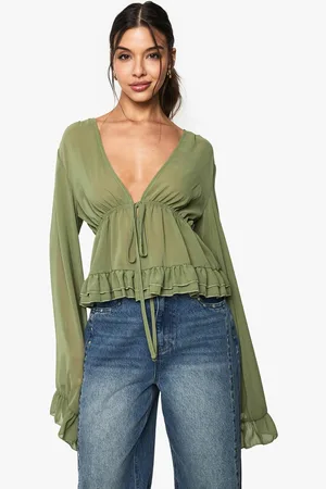 Boohoo Womens Chiffon Ruffle Tie Front Blouse