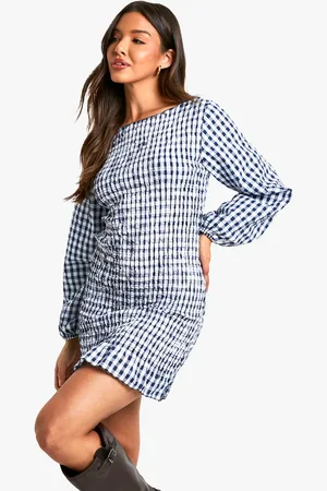 Boohoo Womens Gingham Shirred Long Sleeve Mini Dress