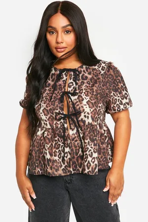 Boohoo Womens Plus Tie Front Leopard Smock Top