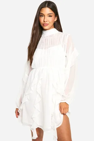 Boohoo Womens Crinkle Chiffon Funnel Neck Ruffle Smock Dress