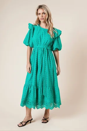 Dorothy Perkins Womens Petite Cutwork Ruffle Puff Sleeve Midi Dress