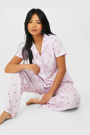 Boohoo Womens Petite Gingham Check & Cherry Print Short Sleeve Shirt & Trousers Pyjama Set