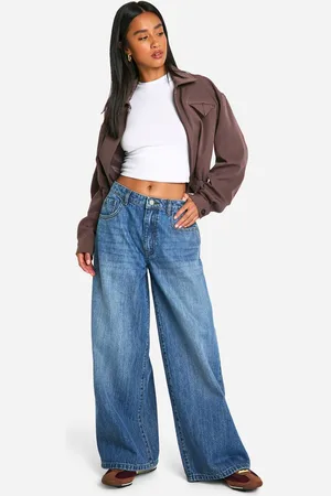 Boohoo Womens The Petite Mid Rise Wide Leg Jean