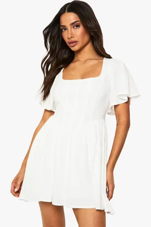 Boohoo Womens Petite Linen Mix Corset Angel Sleeve Skater Dress