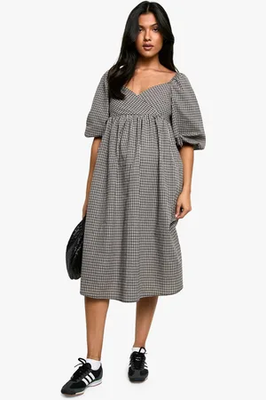 Boohoo Womens Maternity Woven Check Puff Sleeve Smock Midi Dress