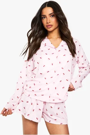 Boohoo Womens Petite Cherry Print Long Sleeve Shirt & Shorts Pyjama Set