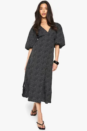 Boohoo Womens Polka Dot Puff Sleeve Tie Back Midi Dress