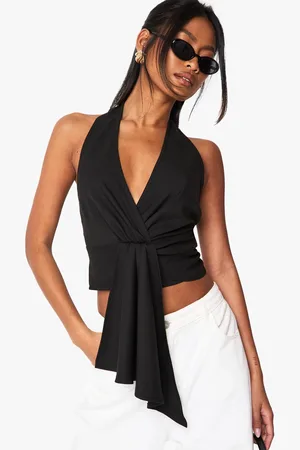 Boohoo Womens Linen Halter Neck Knot Front Top