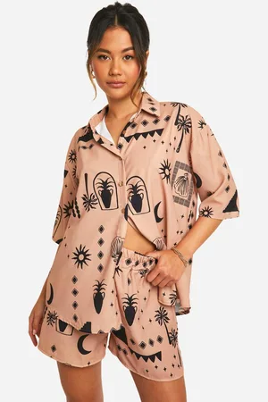Boohoo Womens Hammered Tonal Boho Print Oversized Shirt & Shorts Set