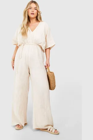 Boohoo Womens Plus Textured Plunge Belted Jumpsuit