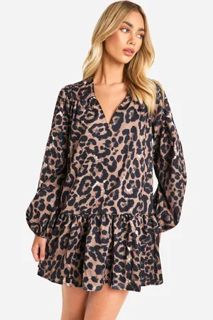 Boohoo Womens Leopard Drop Hem Smock Dress