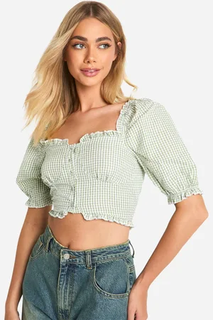 Boohoo Womens Gingham Frill Hem Puff Sleeve Crop Top