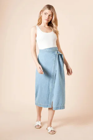 Dorothy Perkins Womens Wrap Front Denim Midi Skirt