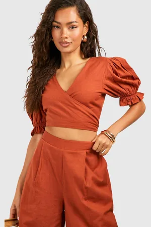 Boohoo Womens Linen Look Wrap Crop Top