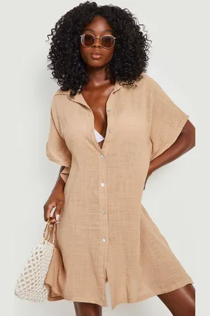Boohoo Womens Linen Look Button Front Batwing Beach Kaftan Shirt