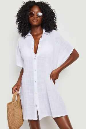 Boohoo Womens Linen Look Button Front Batwing Beach Kaftan Shirt