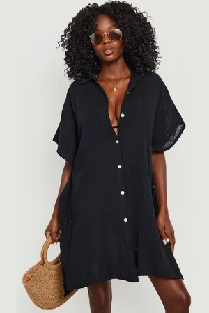 Boohoo Womens Linen Look Button Front Batwing Beach Kaftan Shirt