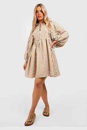 Boohoo Womens Plus Gingham Textured Blouse Sleeve Smock Dress