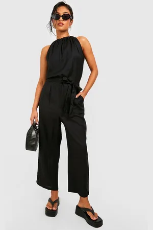 Boohoo Womens Petite Belted Halter Linen Look Culotte Jumpsuit