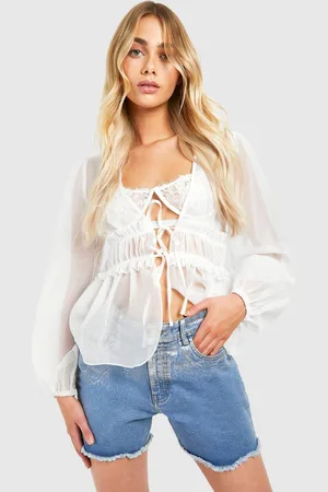 Boohoo Womens Textured Tie Volume Sleeve Blouse