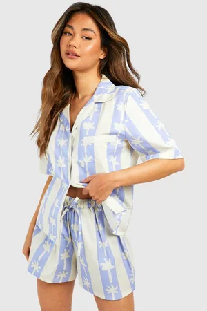 Boohoo Womens Cotton Poplin Stripe Palm Print Short Sleeve Shirt