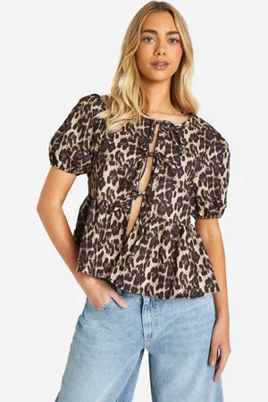Boohoo Womens Leopard Puff Sleeve Bow Tie Blouse