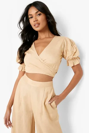 Boohoo Womens Linen Look Wrap Crop Top