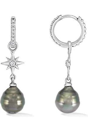 Dower & Hall 9k Gold & Diamond North Star Hoops with Tahitian Pearls