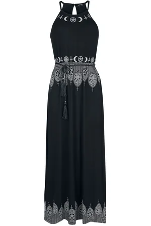 Gothicana Maxi Dress with Prints and Narrow Tie-Belt Long dress