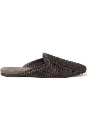 Brunello Cucinelli Monili-embellished raffia slippers