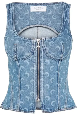 Marine Serre Crescent-Moon-Print denim top