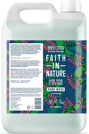 Faith In Nature Aloe Vera & Tea Tree Hand Wash 5L Refill - Natural Vegan Organic Antibacterial Liquid Hand Soap - Bulk Buy