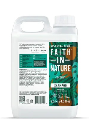 Faith In Nature Shampoo 2.5L Refill - Coconut - Normal To Dry Hair - Natural, Vegan & Cruelty Free - Paraben And SLS Free - Bulk Buy