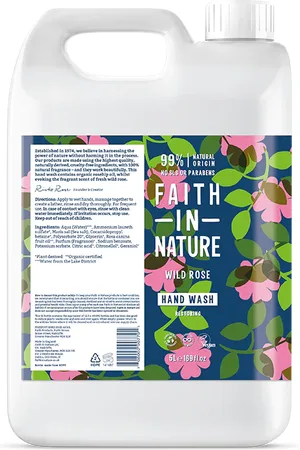 Faith In Nature Wild Rose Hand Wash 5L Refill - Natural Vegan Organic Liquid Hand Soap - Bulk Buy