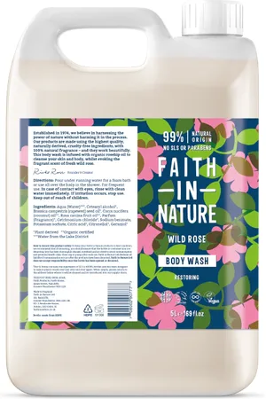 Faith In Nature Wild Rose 5L Body Wash Refill - Organic Natural Shower Gel - Vegan & Cruelty Free - Bulk Buy