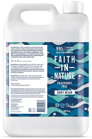 Faith In Nature Fragrance Free 5L Body Wash Refill - Organic Natural Shower Gel - Vegan & Cruelty Free - Bulk Buy