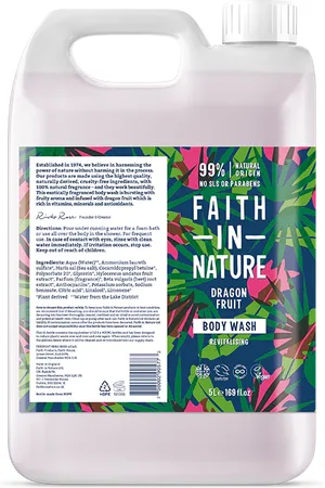 Faith In Nature Dragon Fruit 5L Body Wash Refill - Organic Natural Shower Gel - Vegan & Cruelty Free - Bulk Buy