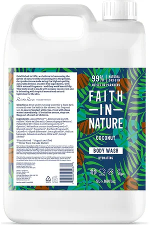 Faith In Nature Coconut 5L Body Wash Refill - Organic Natural Shower Gel - Vegan & Cruelty Free - Bulk Buy
