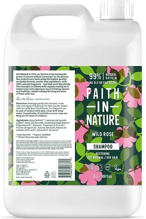 Faith In Nature Wild Rose Shampoo 5L Refill - Natural, Vegan & Cruelty Free - Paraben And SLS Free - Bulk Buy - Normal To Dry Hair