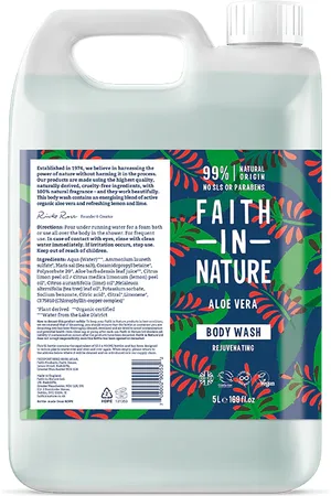 Faith In Nature Aloe Vera 5L Body Wash Refill - Organic Natural Shower Gel - Vegan & Cruelty Free - Bulk Buy