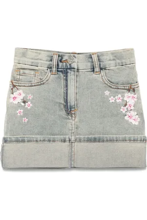 MONNALISA Floral-embroidered denim skirt