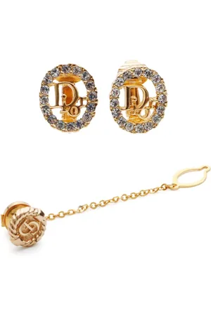 Dior 1990s-2000s logo rhinestone earrings and pin set