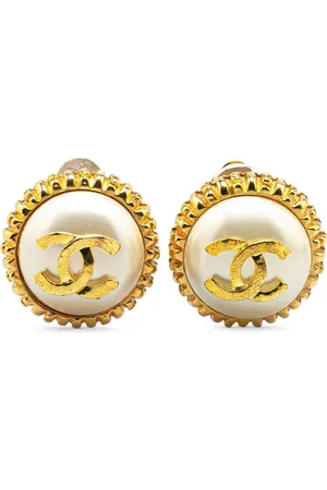 CHANEL 1970-1980 Gold Plated CC Faux Pearl Clip on Earrings costume earrings