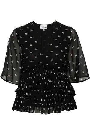 Ganni Graphic-print V-neck pleated blouse