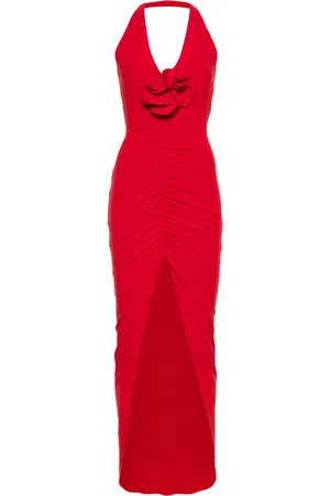 NISSA Floral-appliqué ruched gown